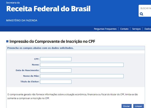 Página da Receita Federal Impressão do Comprovante de Inscrição no CPF