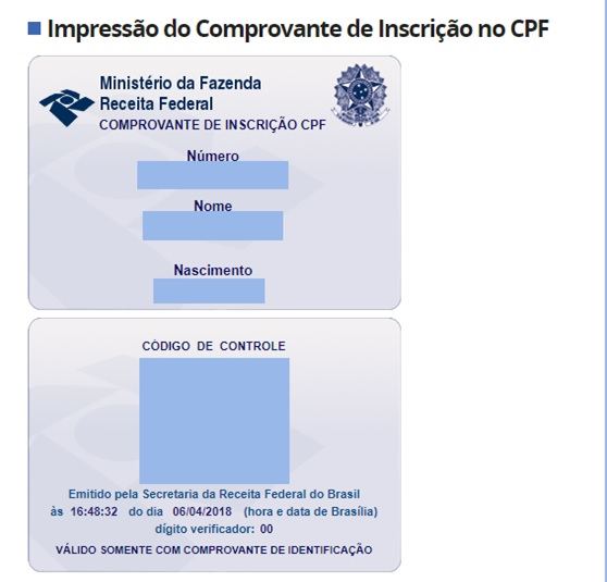 Comprovante de Inscrição no CPF via internet: válido somente com comprovante de identificação (RG)