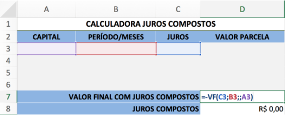 calculadora de juros compostos com fórmula de cálculo para ser preenchida